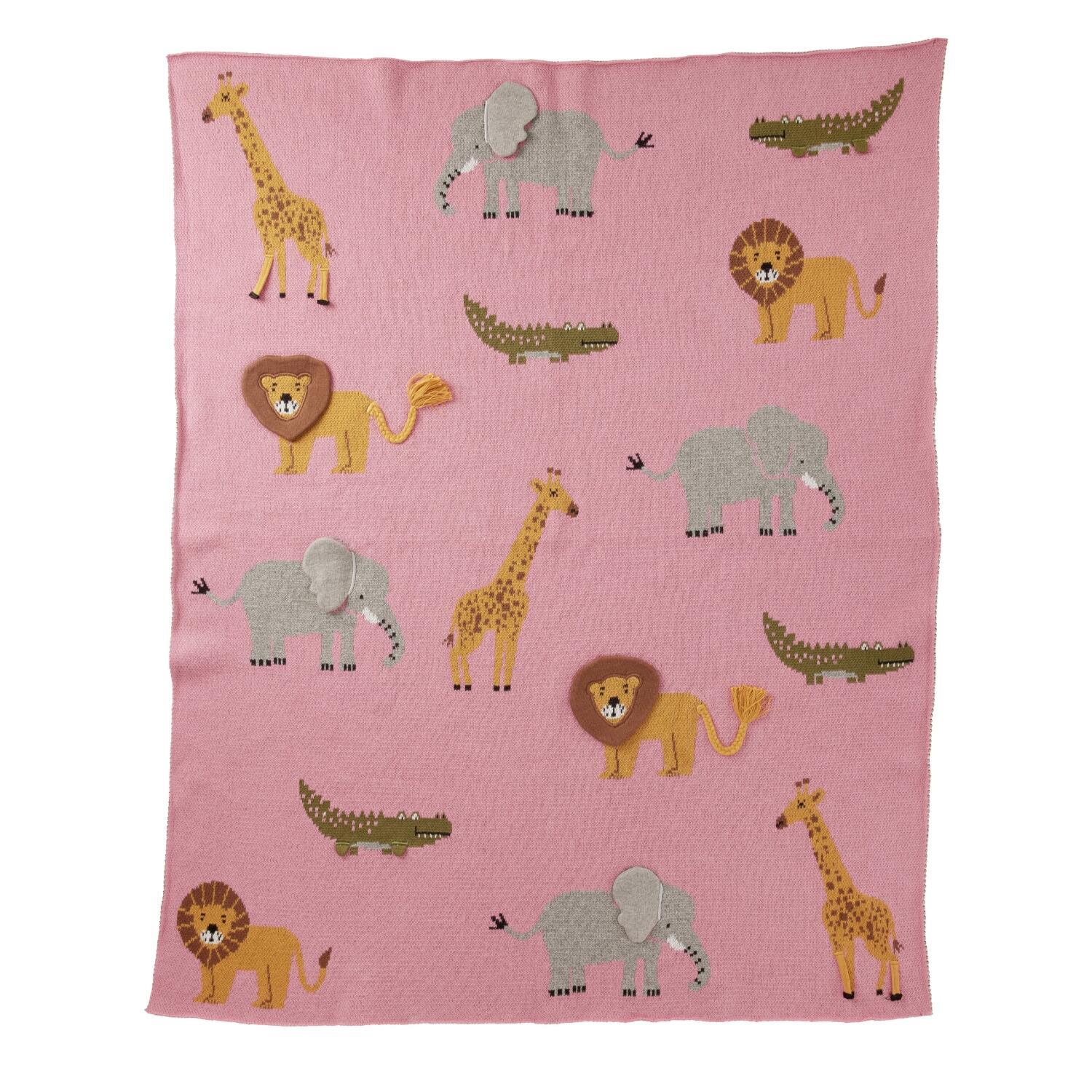 Gestrickte Babydecke "Animals" - 100x80 cm (Pink)