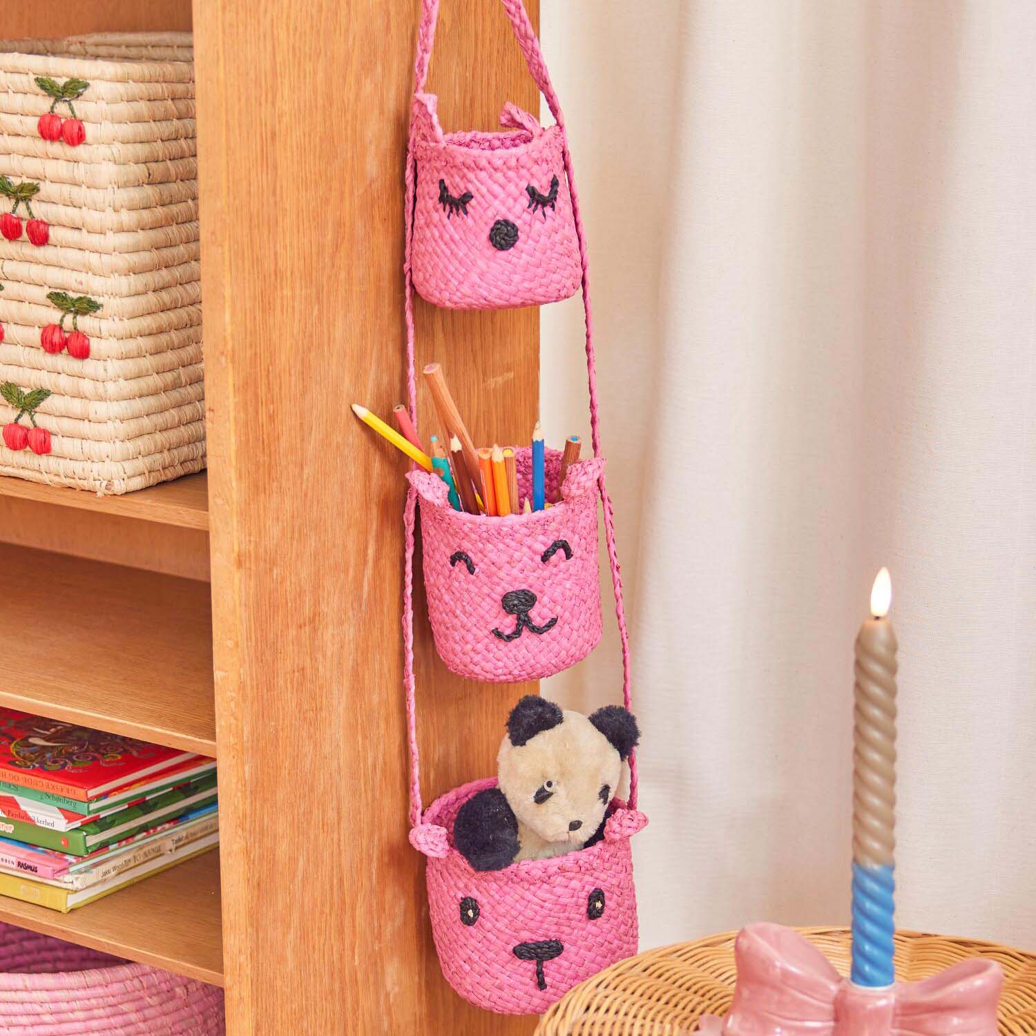 Hängende Aufbewahrung "Raffia - Animal Faces" - 12 cm (Pink) Rice