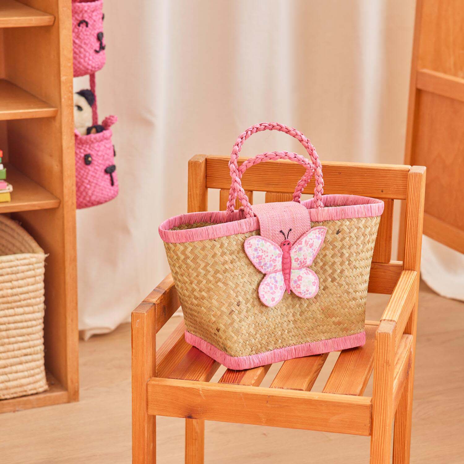 Kindertasche "Raffia - Butterfly" - 20x12x18 cm (Natur/Rosa)