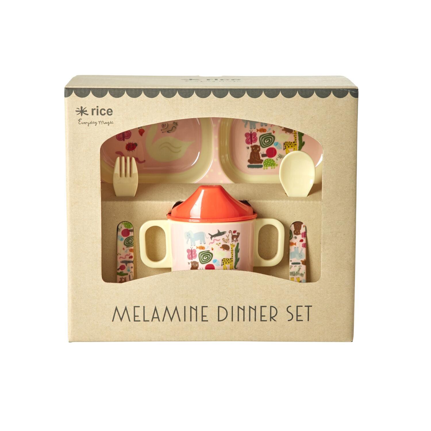 Melamin Babygeschirr-Set in Geschenkbox "Wildlife" (Pink)