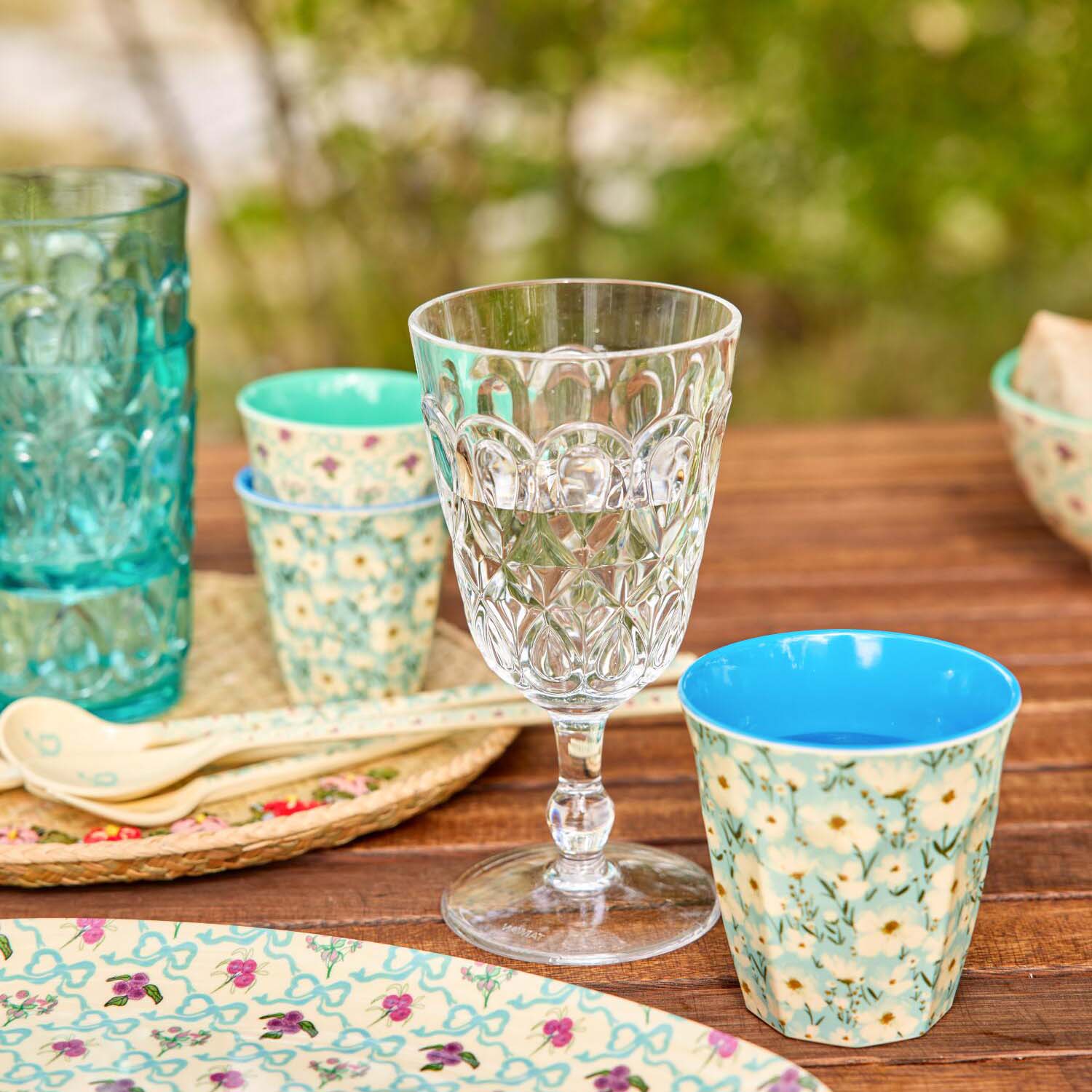 Melamin Pasta Löffel "Summer Bloom" - 32 cm (Creme/Blau)