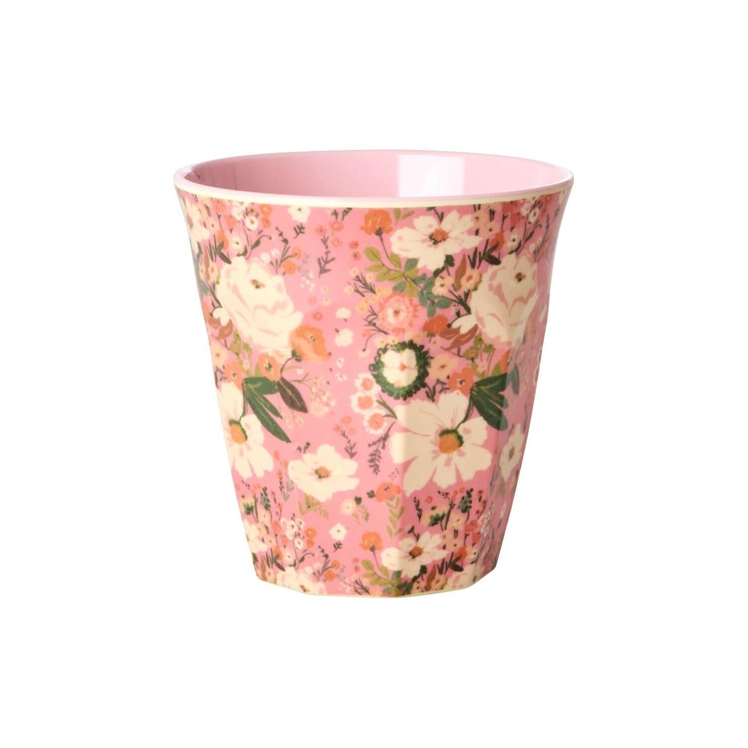 Rosa Melaminbecher mit buntem Blumenmotiv und glatter Innenfläche, M