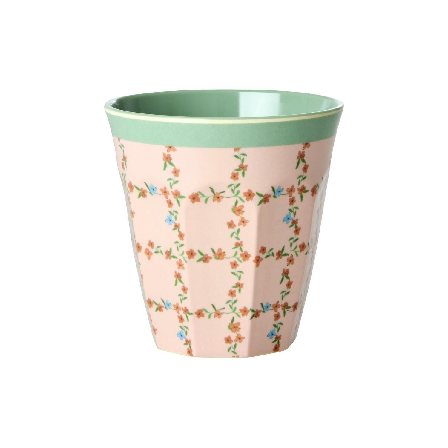 Melamin-Becher einzeln mit mintgrünem Rand, beigem Hintergrund und Blumenranken