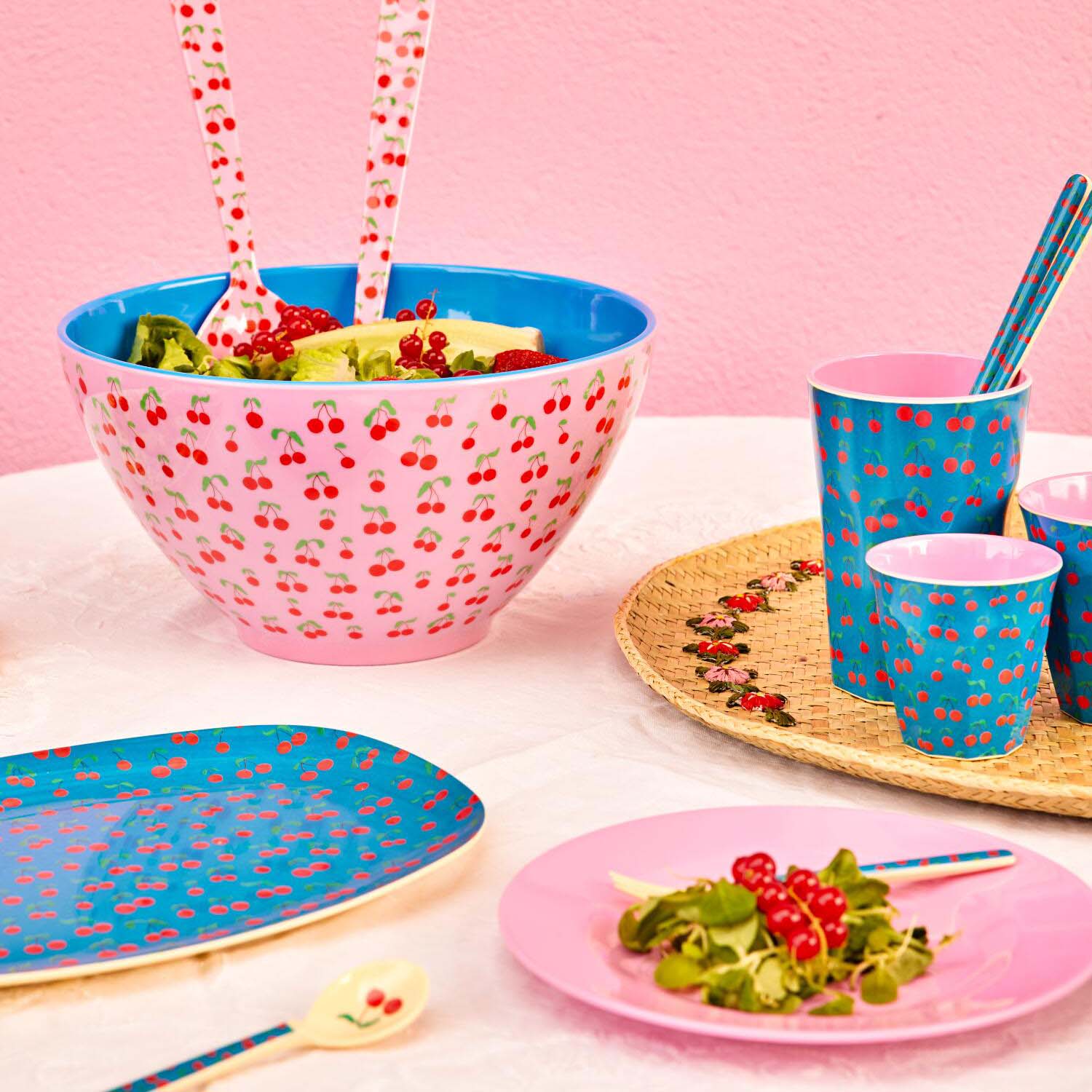 Melamin Platte rechteckig "Cherry Love" - 30x22 cm (Blau) Rice