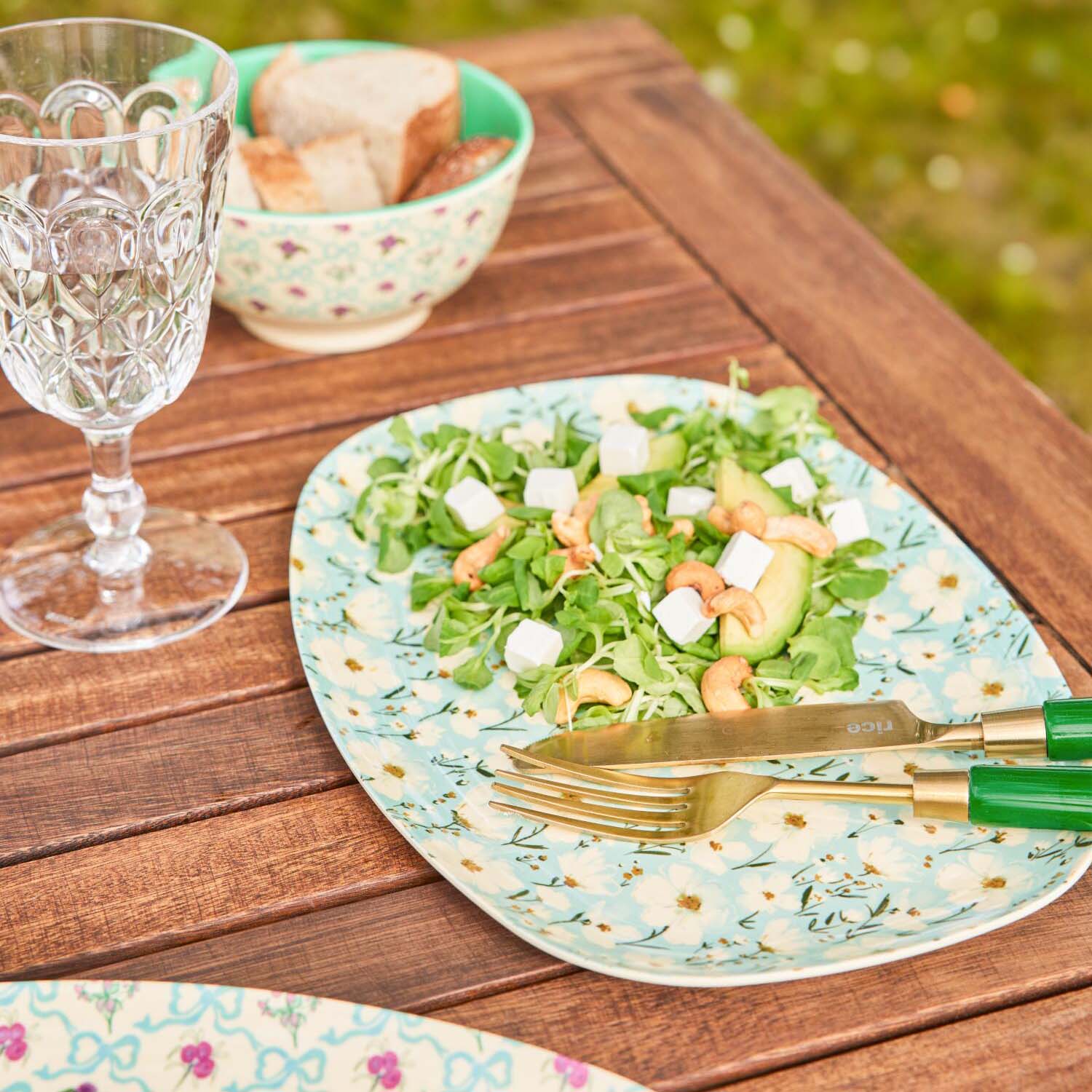 Melamin Pasta Löffel "Summer Bloom" - 32 cm (Creme/Blau)