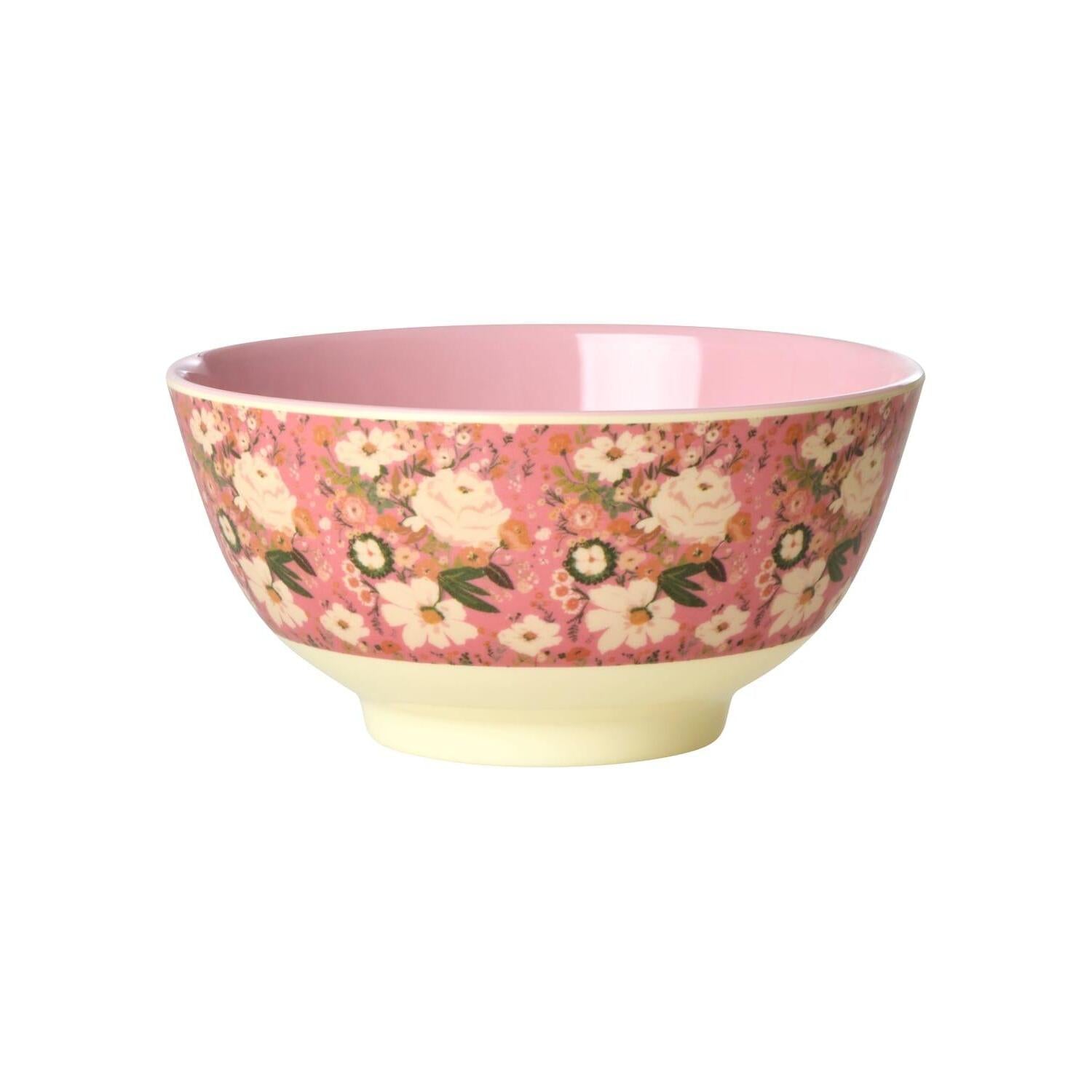 Melamin-Schale mit floralen Blumen, rosa außen und cremefarbener Standkante