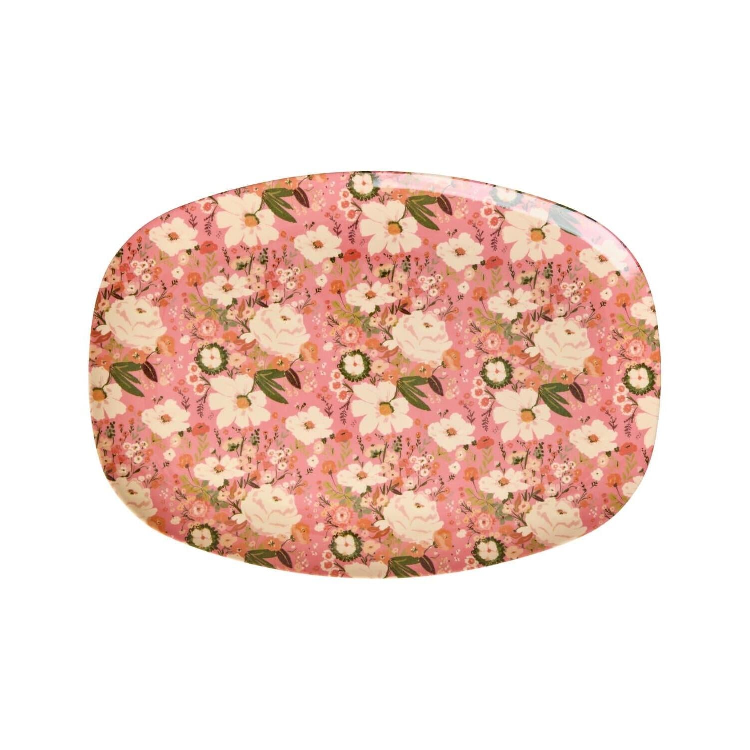 Melaminplatte mit ovalem Blumenmuster in Rosa, Beige und Grün