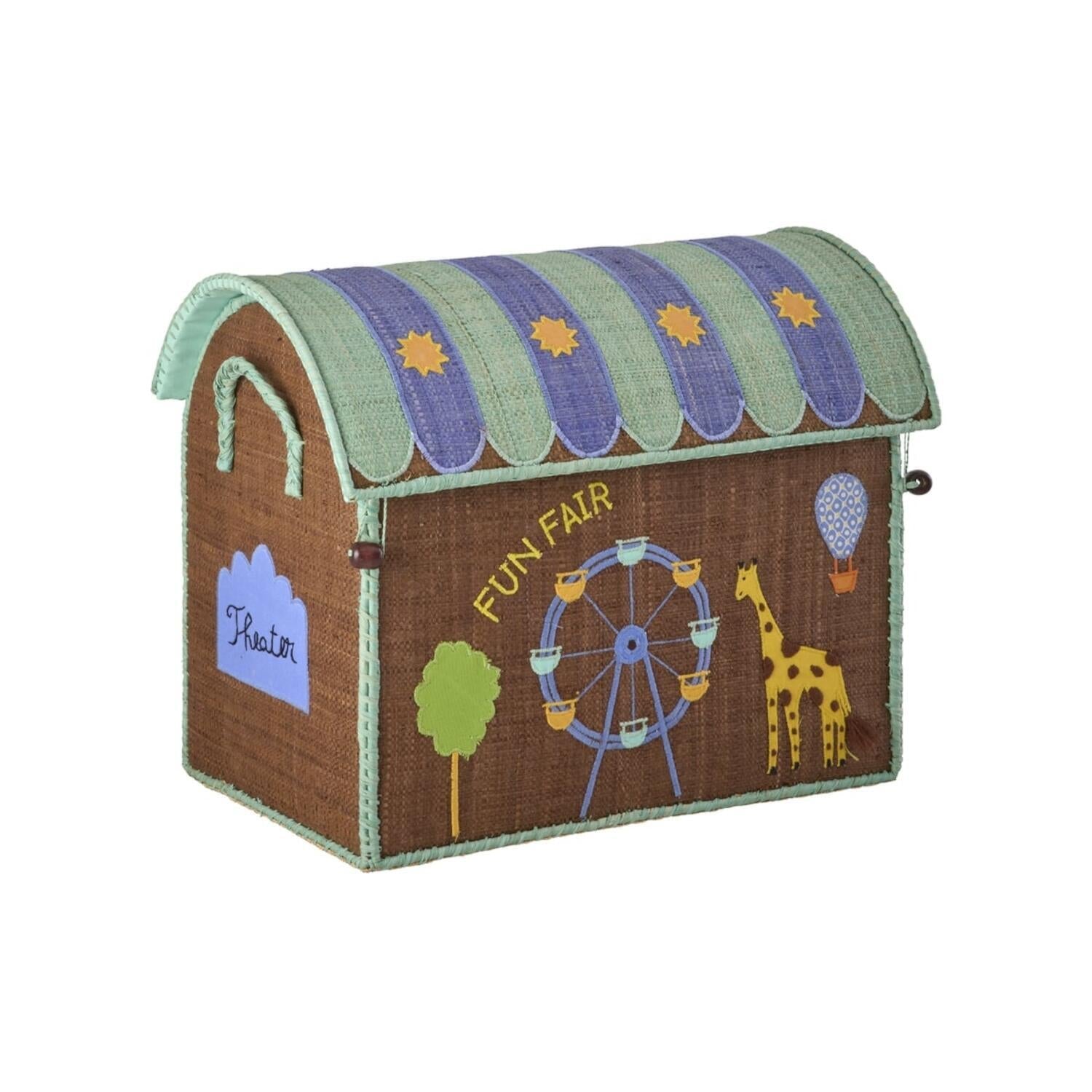 Spielzeugkiste mit Stoffbezug, dunkelbraunes Gewebe und Zirkus-Motiv, Deckel klappbar