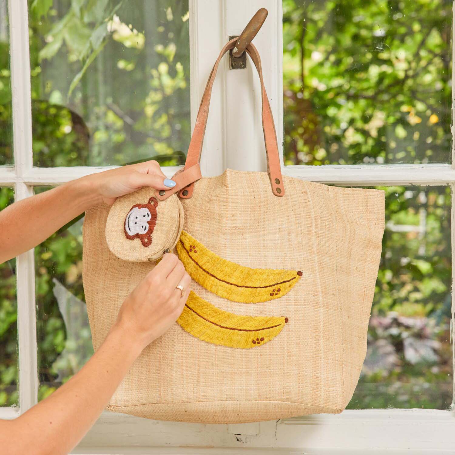 Tasche "Raffia - Banana" und Geldbörse "Monkey" (Natur) Rice