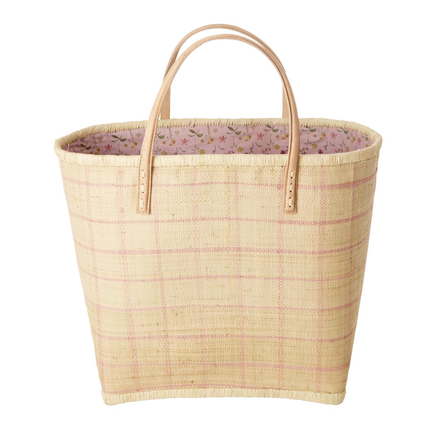 Tasche "Raffia - Checks" - L (Natur/Pink)