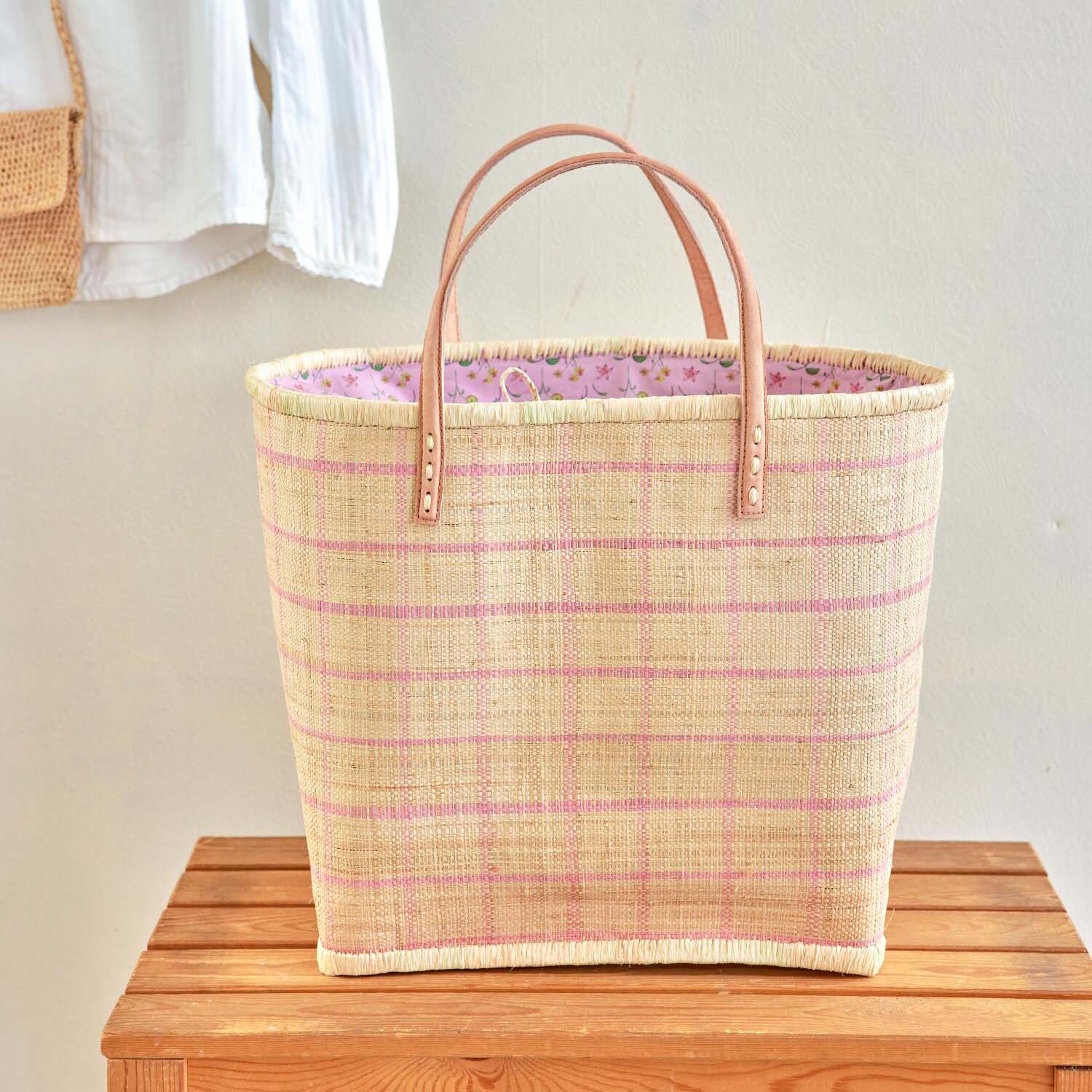 Tasche "Raffia - Checks" - L (Natur/Pink)