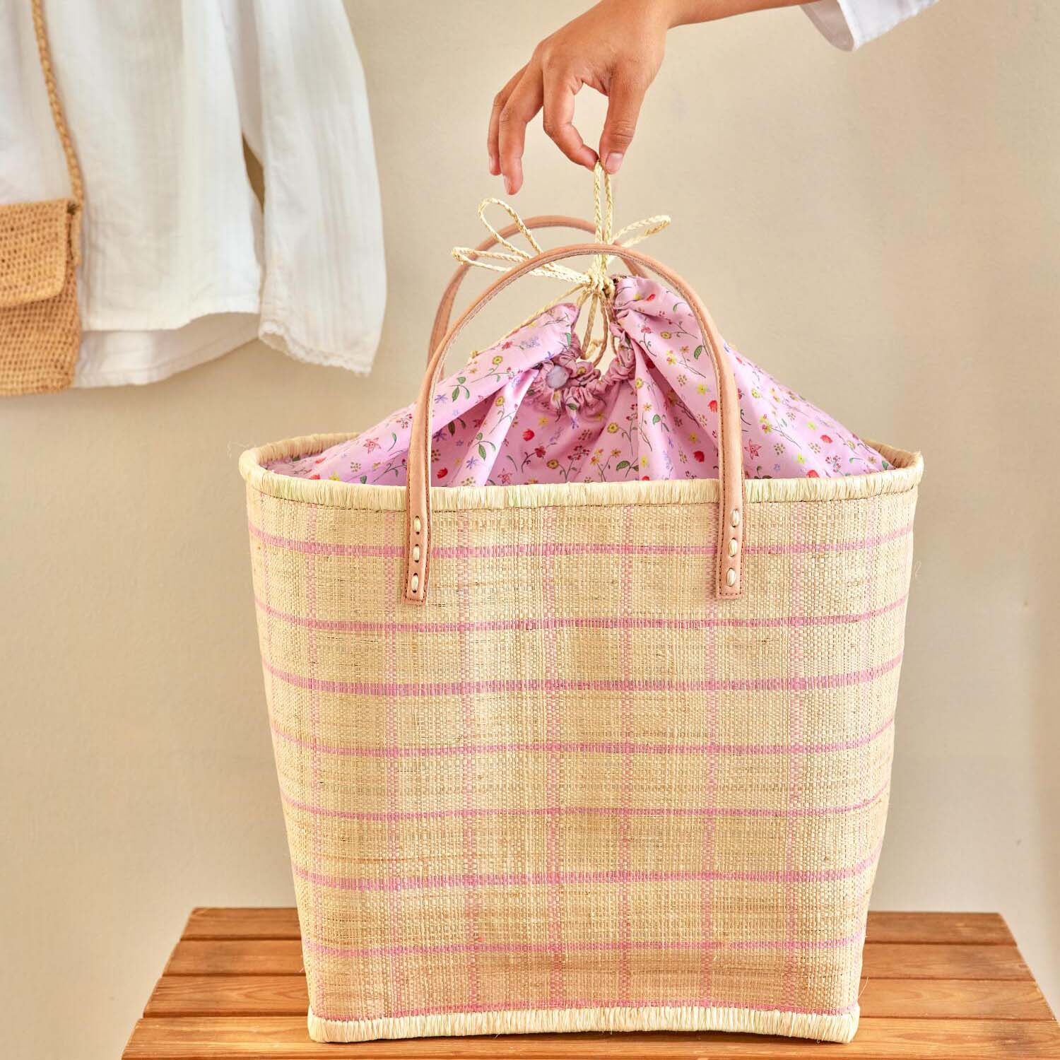 Tasche "Raffia - Checks" - L (Natur/Pink)