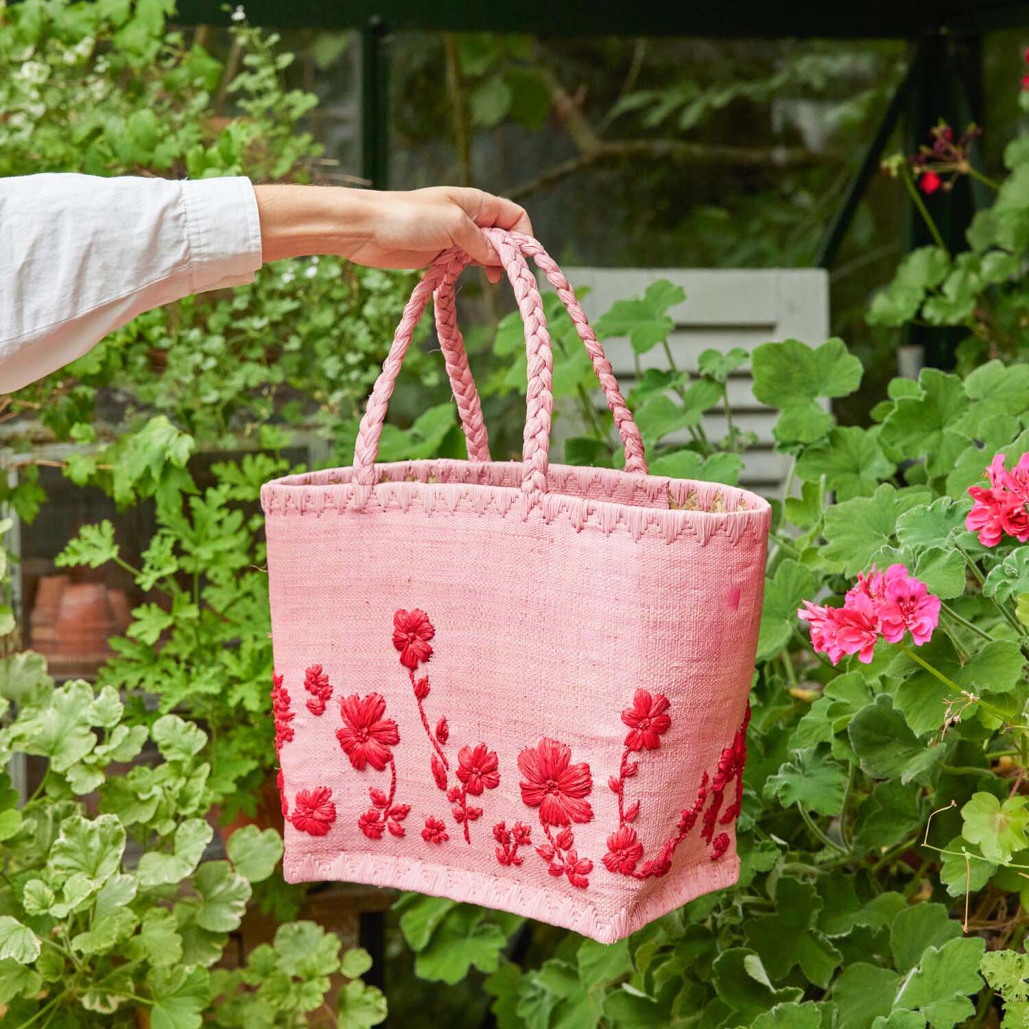 Tasche "Raffia - Flowers" - S (Rosa)