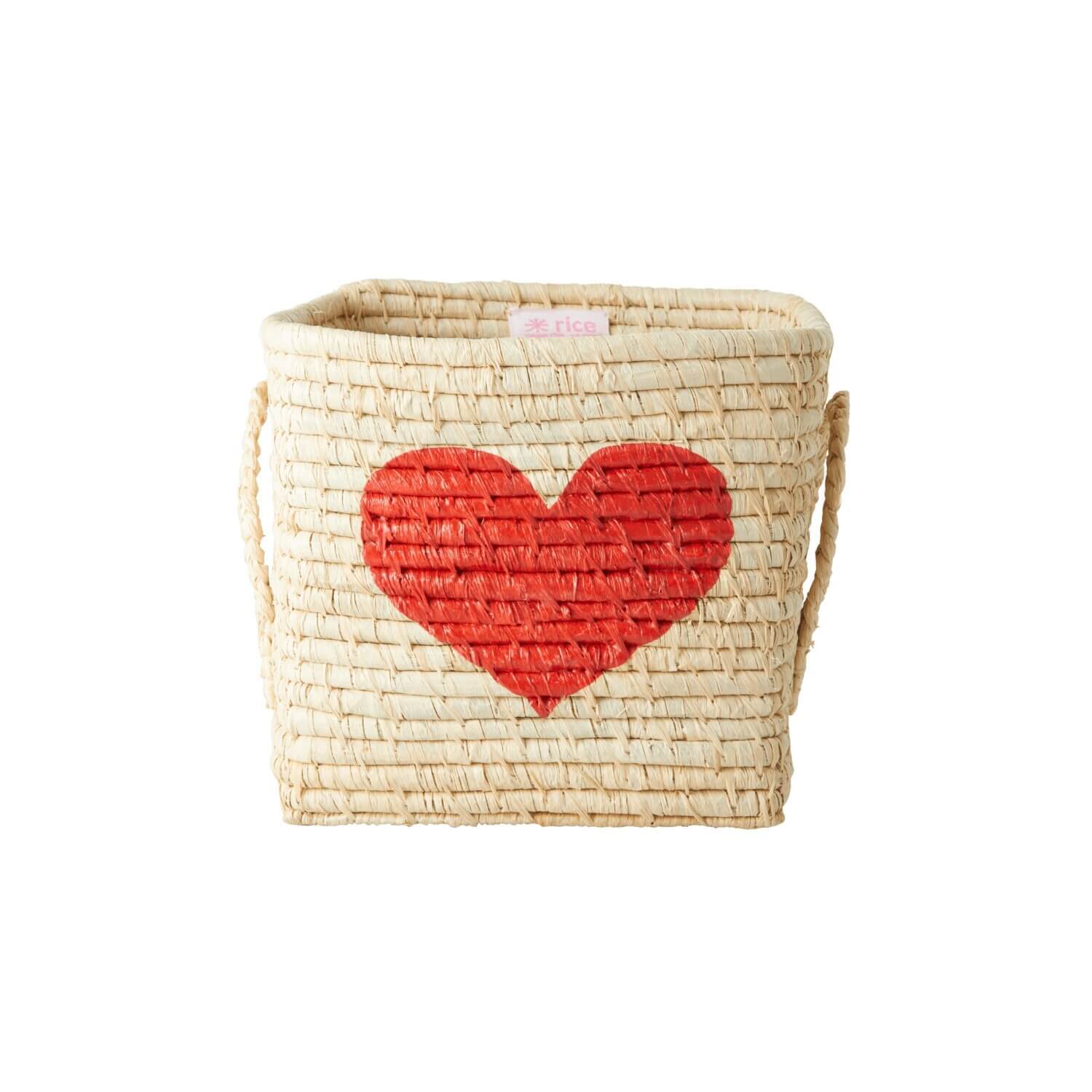 Aufbewahrungskorb aus Raffia mit Griffen "Herz" - 20x20x20cm (Natur/Rot)