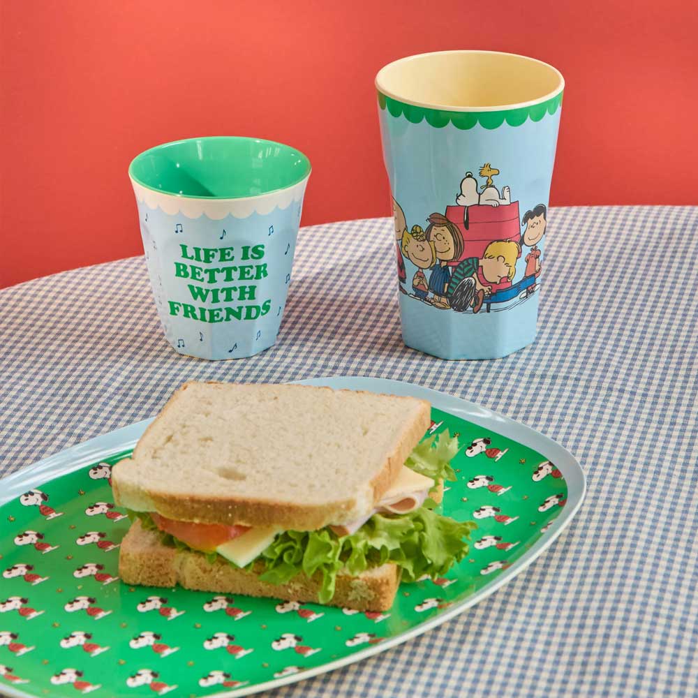 Zwei Melaminbecher mit Peanuts-Motiven, ein blau mit Wellenrand, ein grünlich