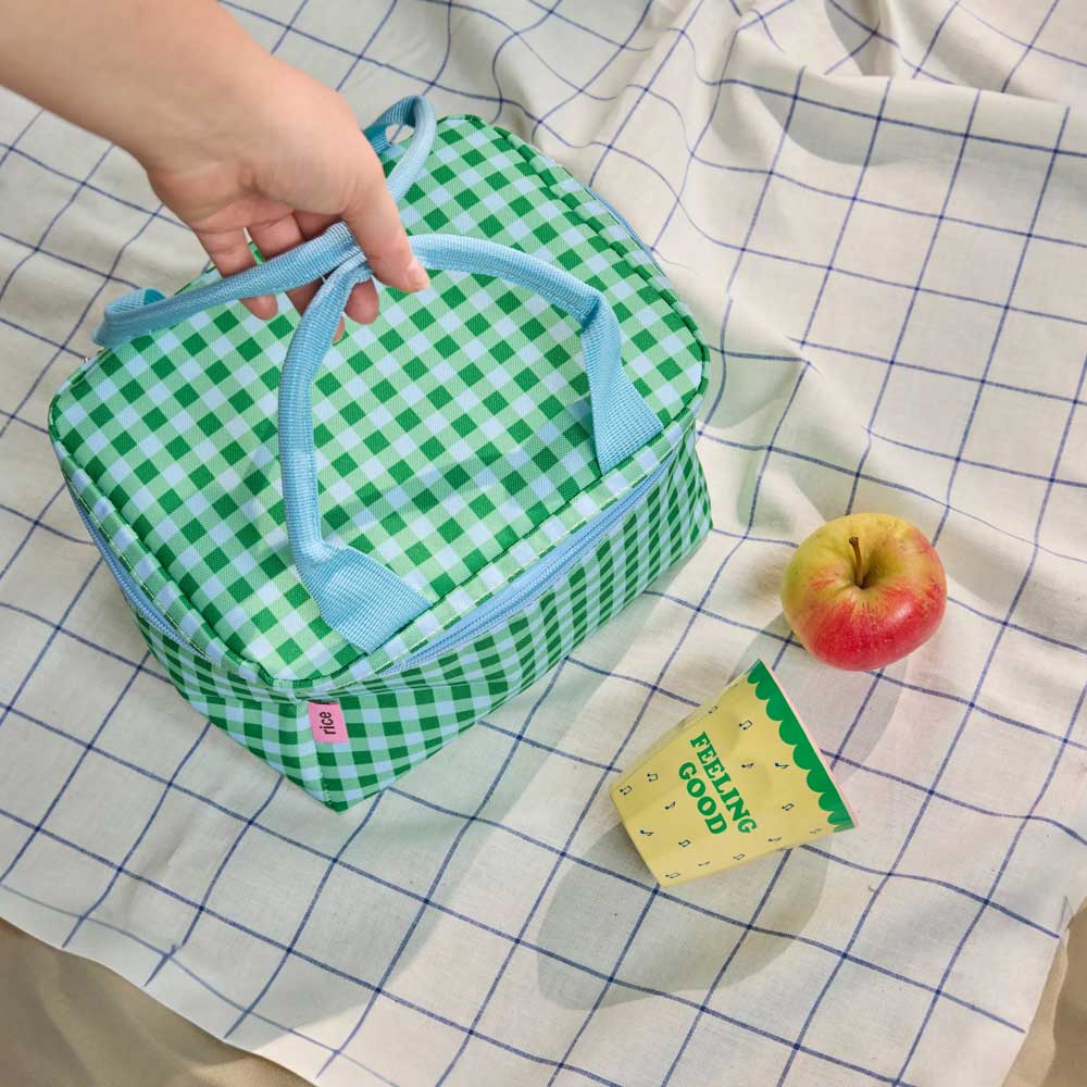 Melaminbecher im grünen Gingham-Beutel mit Reißverschluss