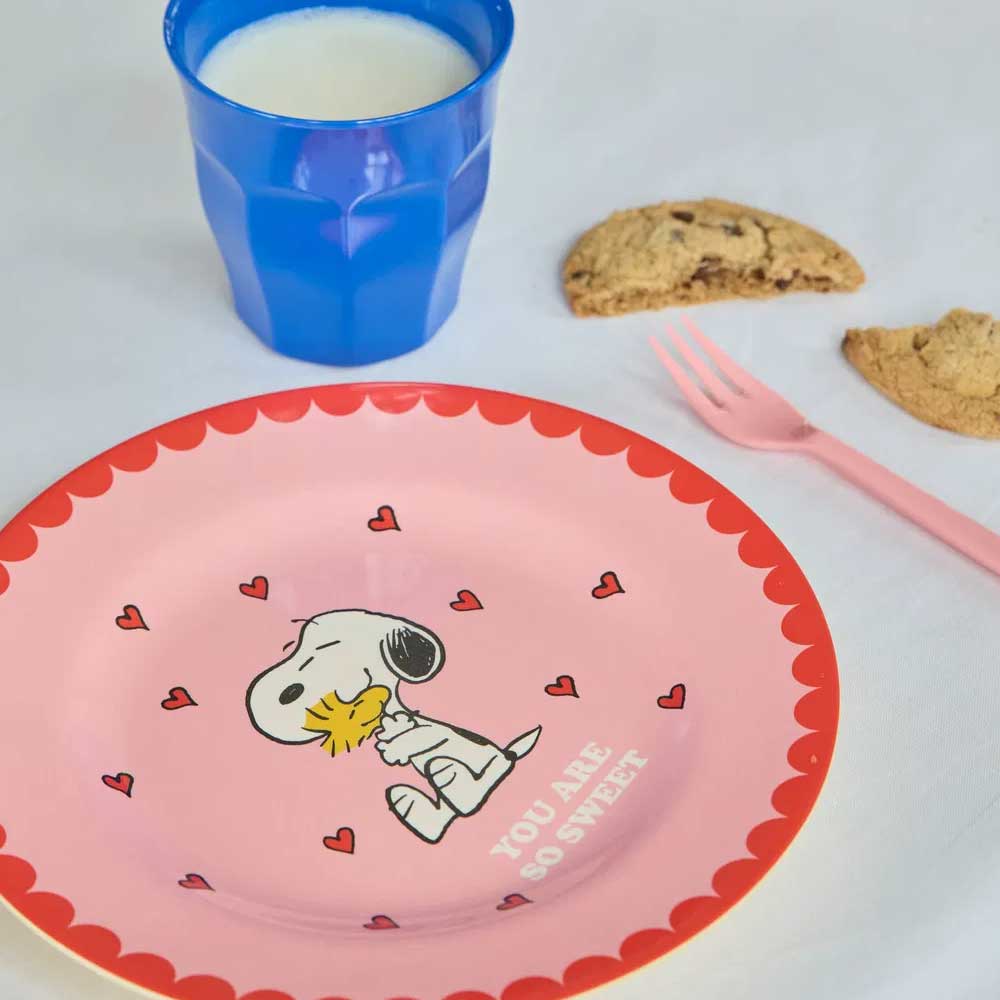 Melamin-Dessertteller Snoopy, rosa mit rotem Rand, Herzchen und Aufdruck