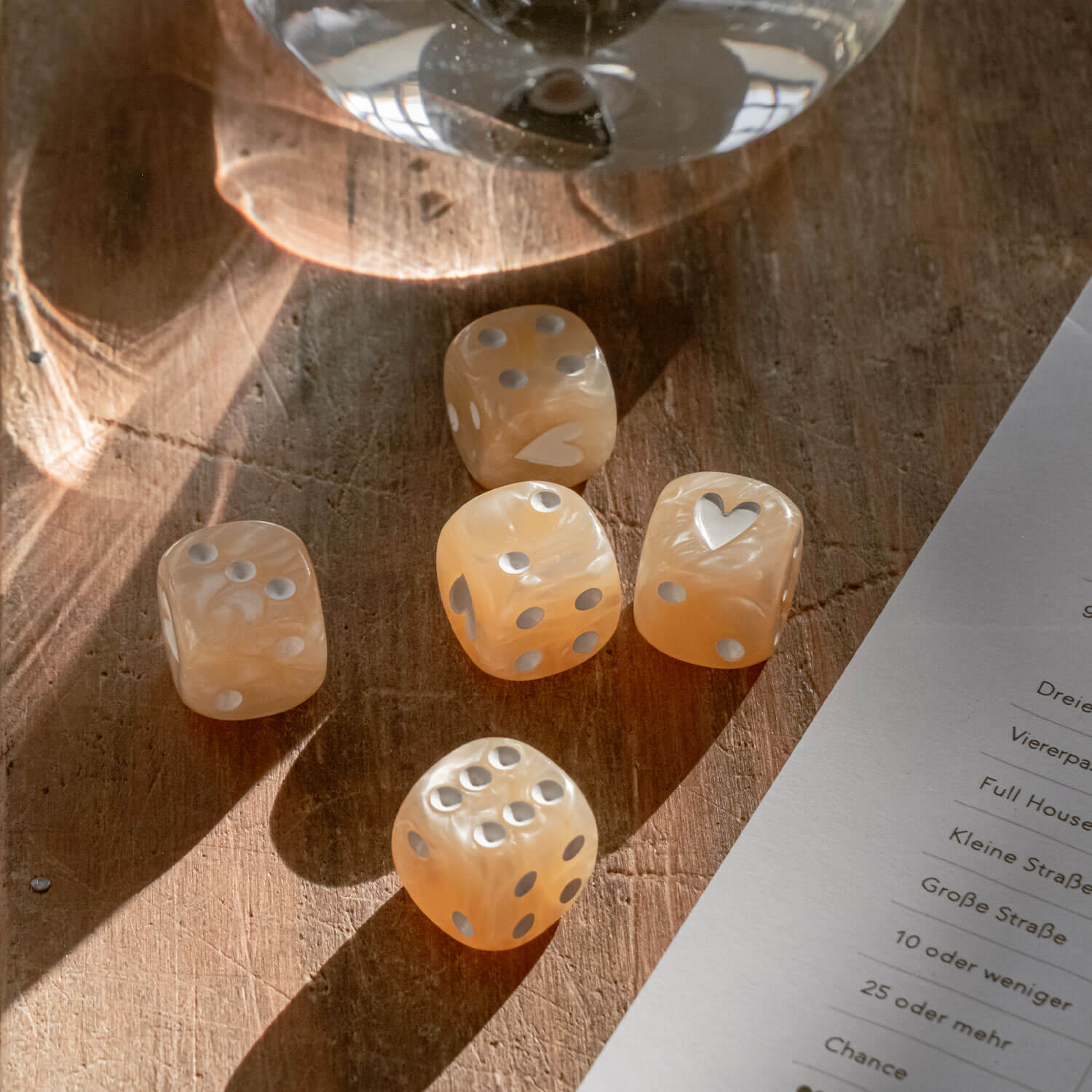 Kniffel-Set aus Würfel, Kugelschreiber & Block (Creme) Eulenschnitt