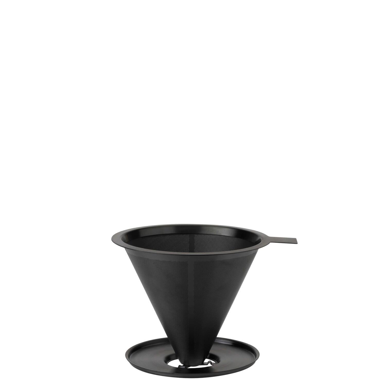 Kaffeefilter-Einsatz aus schwarzem Kunststoff, konische Form mit Auslaufarm und Standfuß