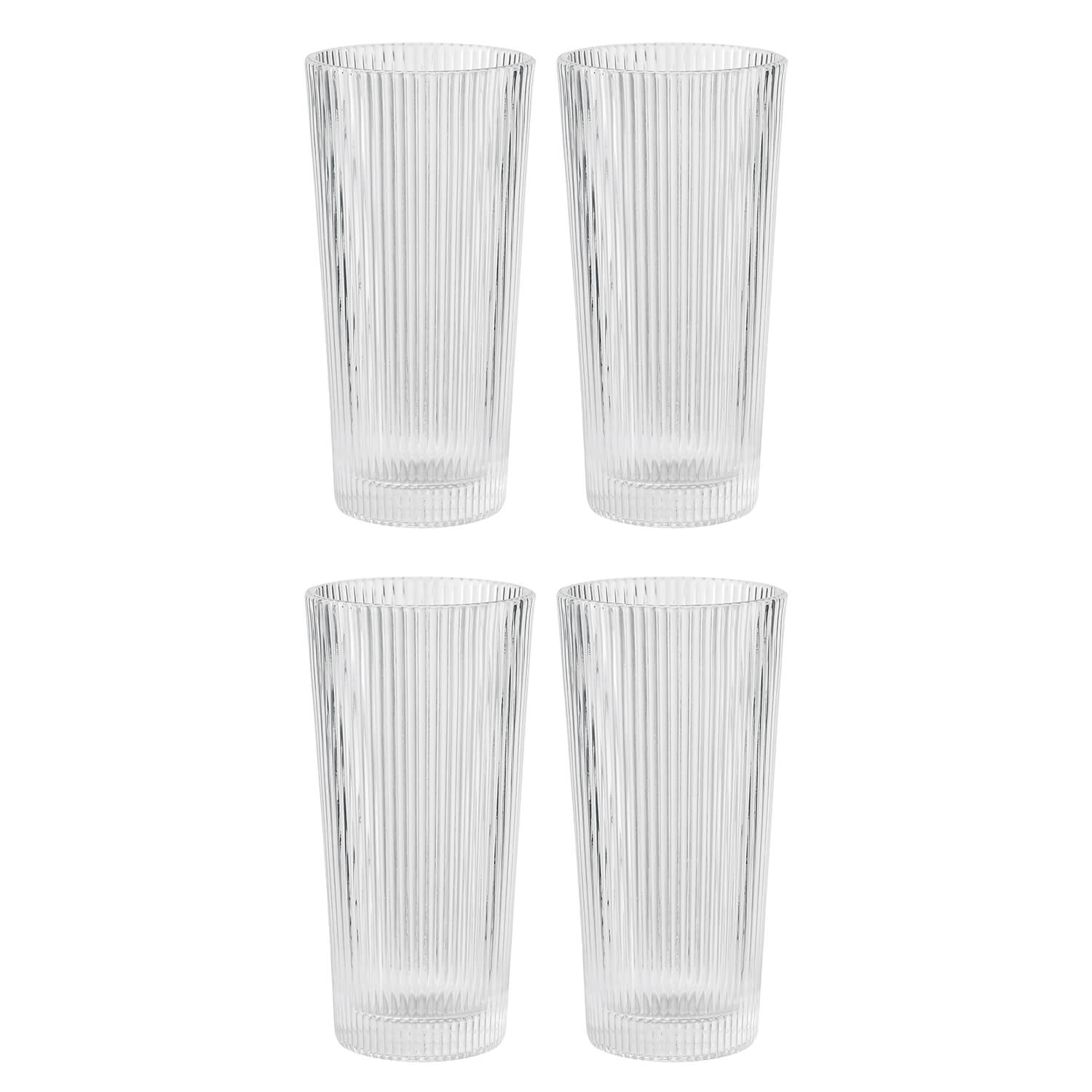 4 transparente Longdrinkgläser mit Riffelstruktur, zylindrisch, 0,3 l