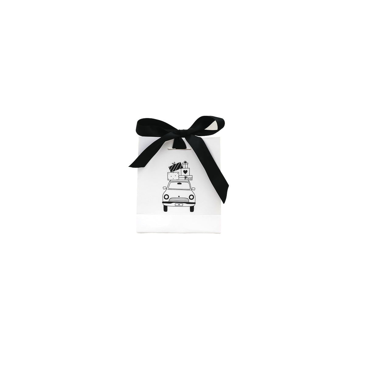 Mini-Geschenktüte in Weiß mit schwarzer Schleife und Karikatur eines Weihnachtsautos