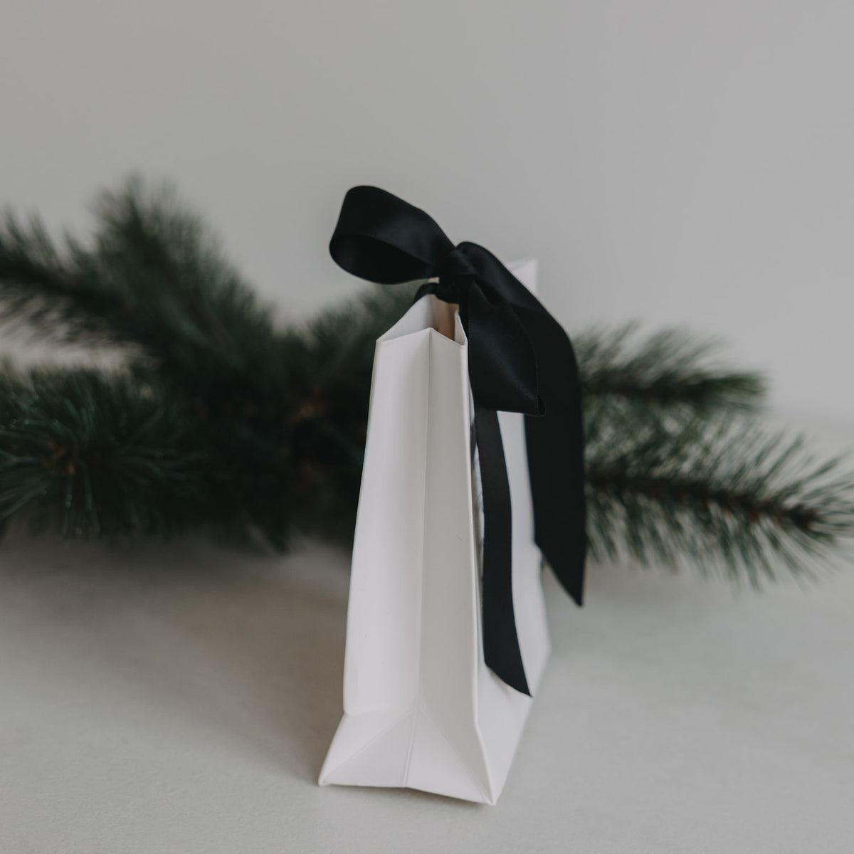 Weiße Mini-Geschenktüte mit schwarzer Schleife am Tragehenkel, Seitenansicht