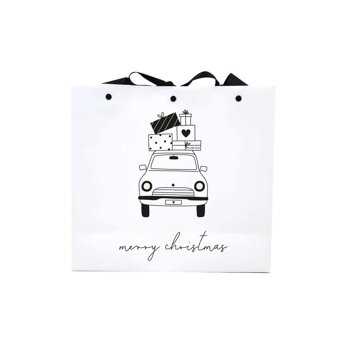 Weiße Geschenktüte mit schwarzem Henkel, Weihnachtsauto-Print und „merry christmas“