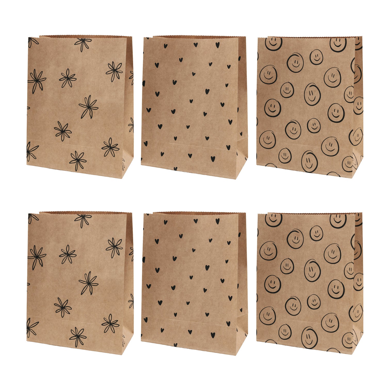 Papiertüten-Set (6 Stk.) mit Illustrationen: Libellen, Herzen und Smileys, verschiedene Designs