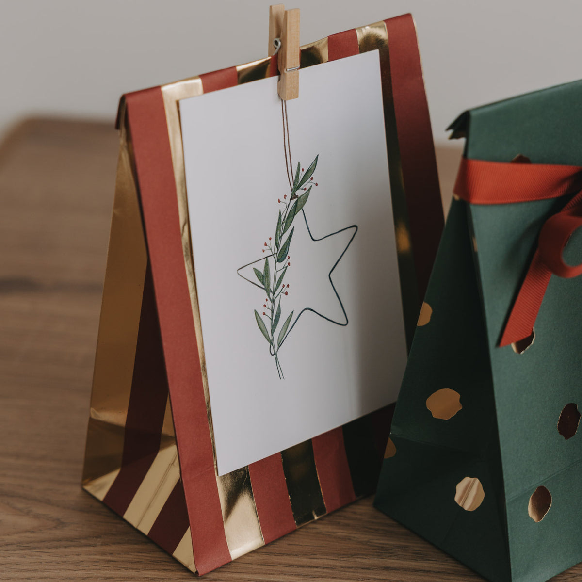 Grüne Weihnachtspapiertüte (S) mit Stern- und Zweigillustration auf Front