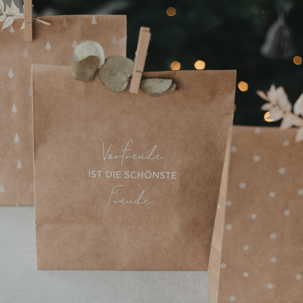 Braune Papiertüte mit Aufdruck „Vorfreude ist die schönste Freude“ in Weiß