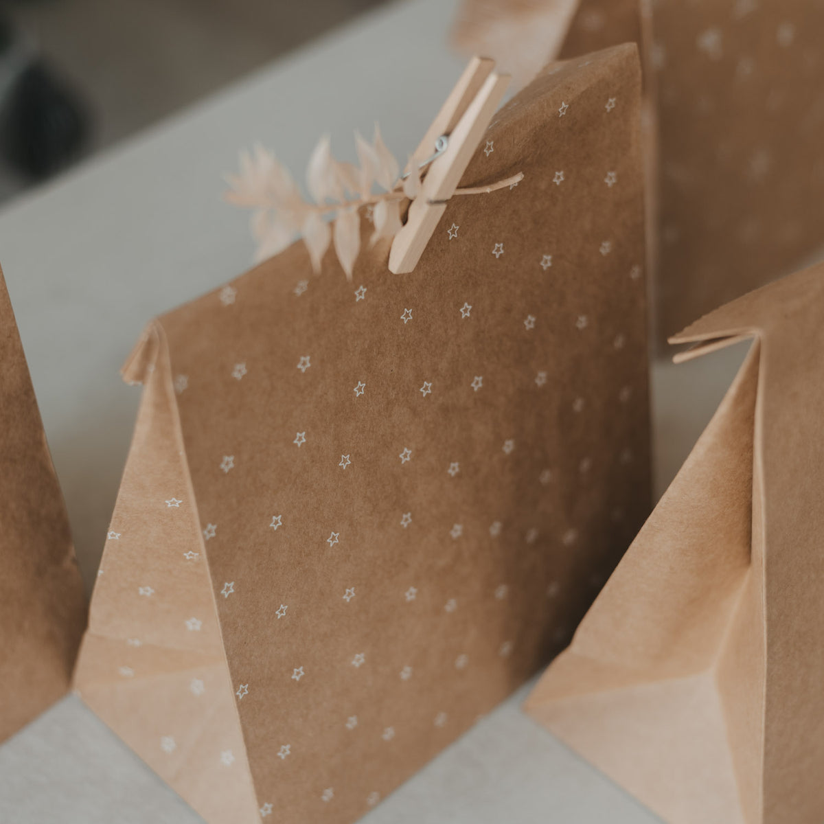 Braune Papiertüte mit weißen Weihnachts-Symbolen, oben mit Holzklammer befestigt