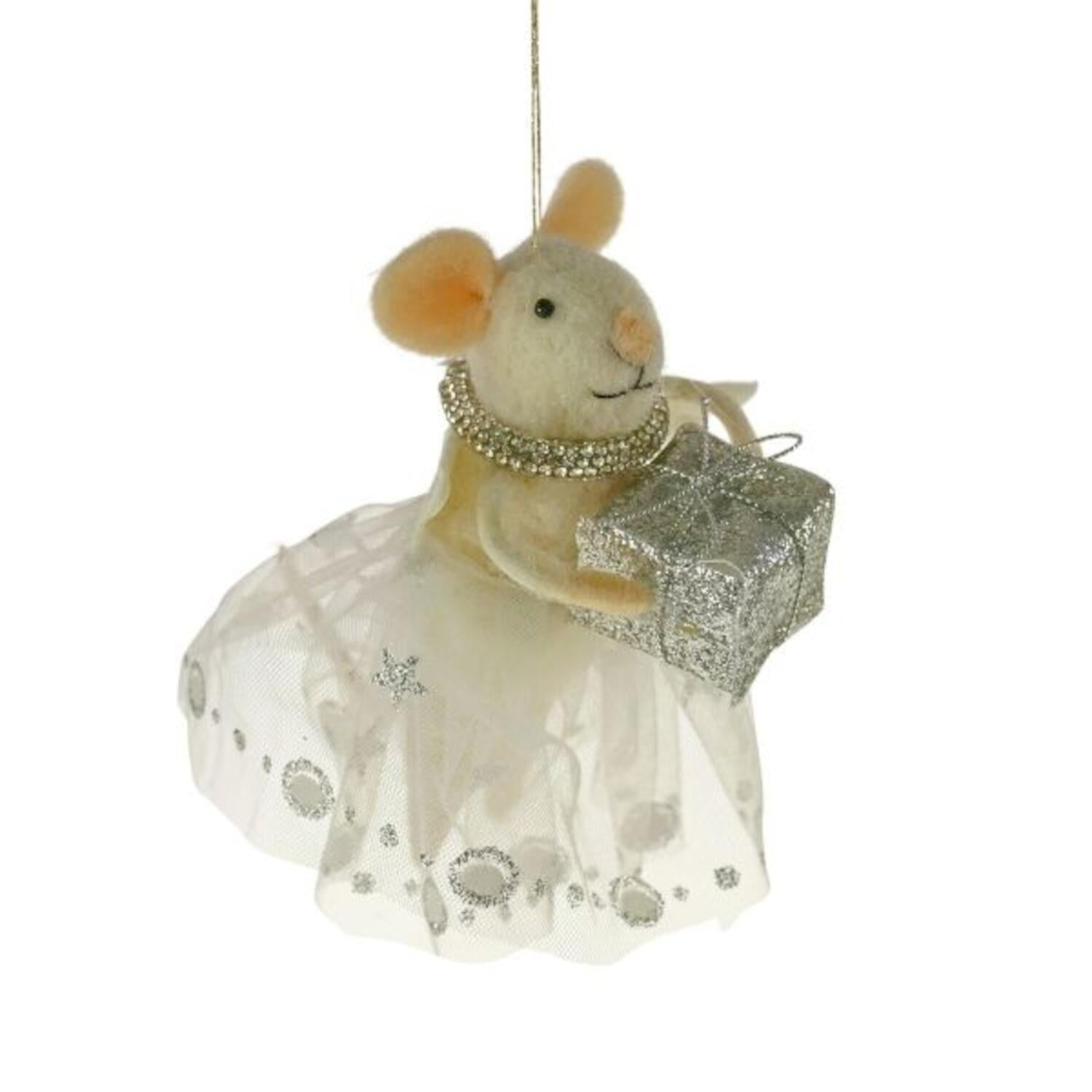 Filz-Anhänger "Mäuschen mit Geschenk" - 7x8x13 cm (Weiß)