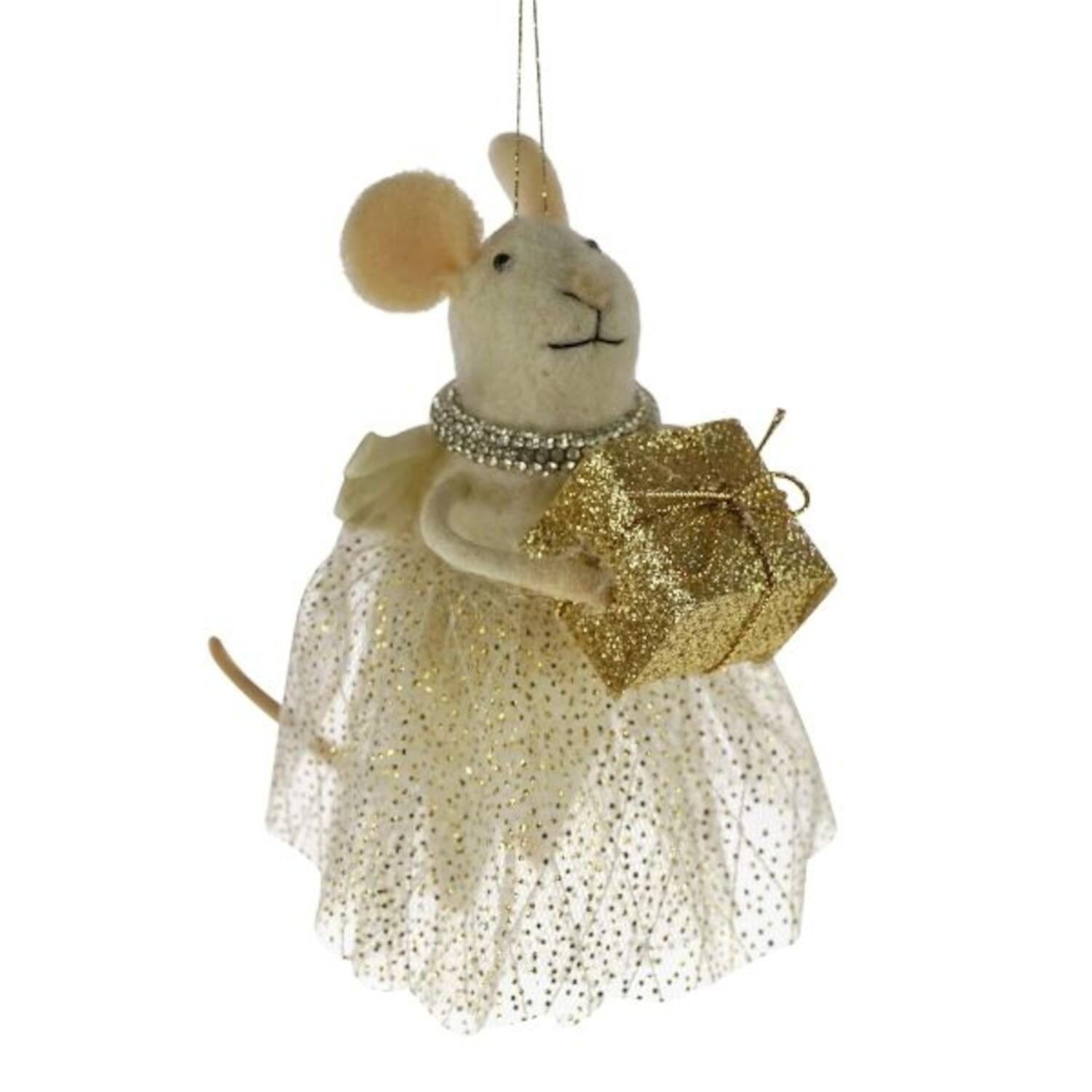 Filz-Anhänger "Mäuschen mit Geschenk" - 7x8x13 cm (Gold)
